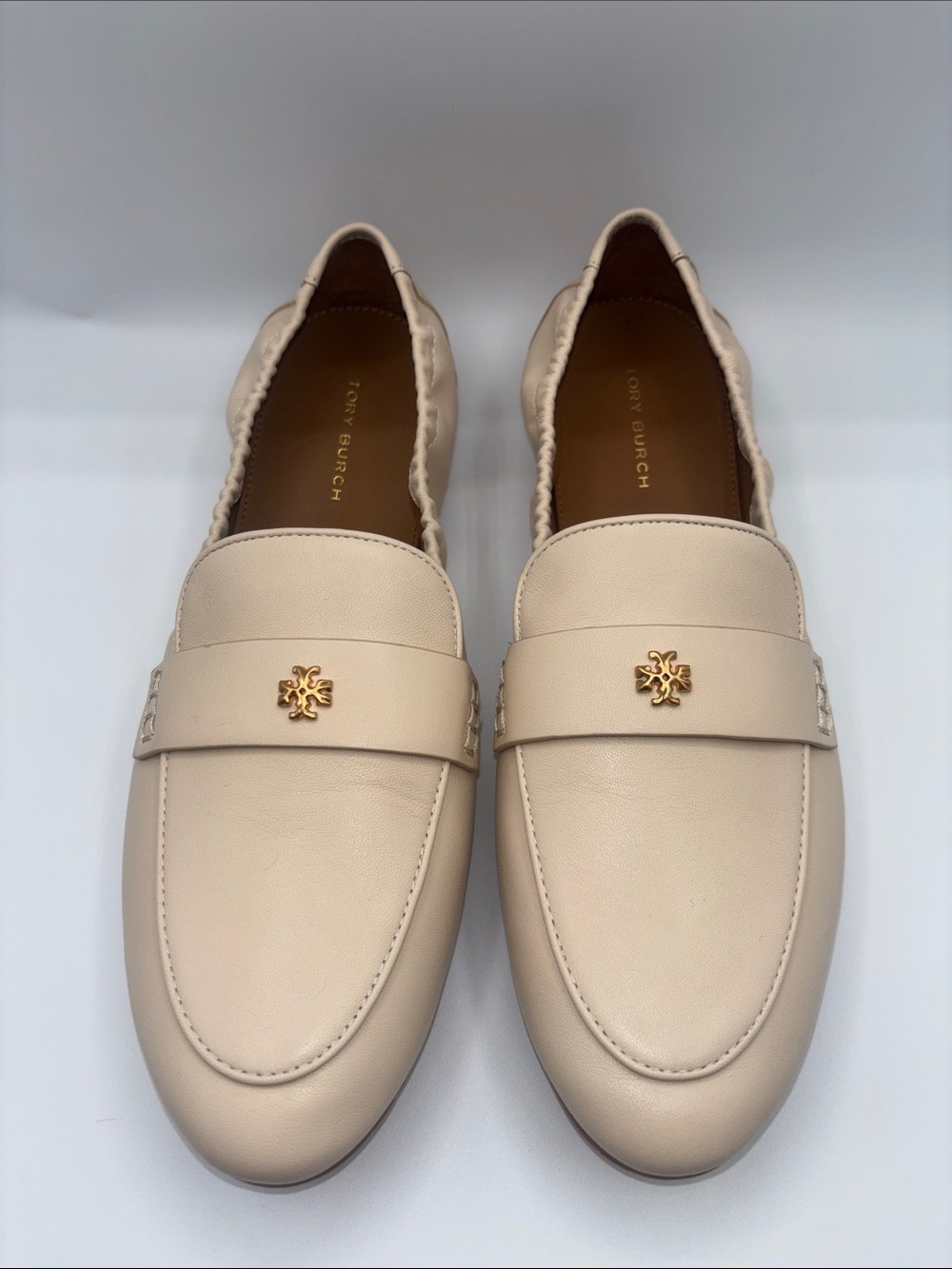 Tory Burch Beige Leather Penny Loafers with Gold Logo